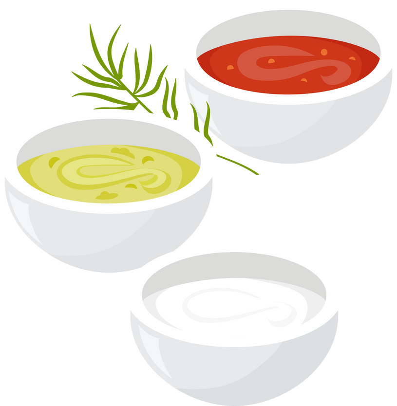 Sauce set, ketchup, wasabi, mayonnaise with dill